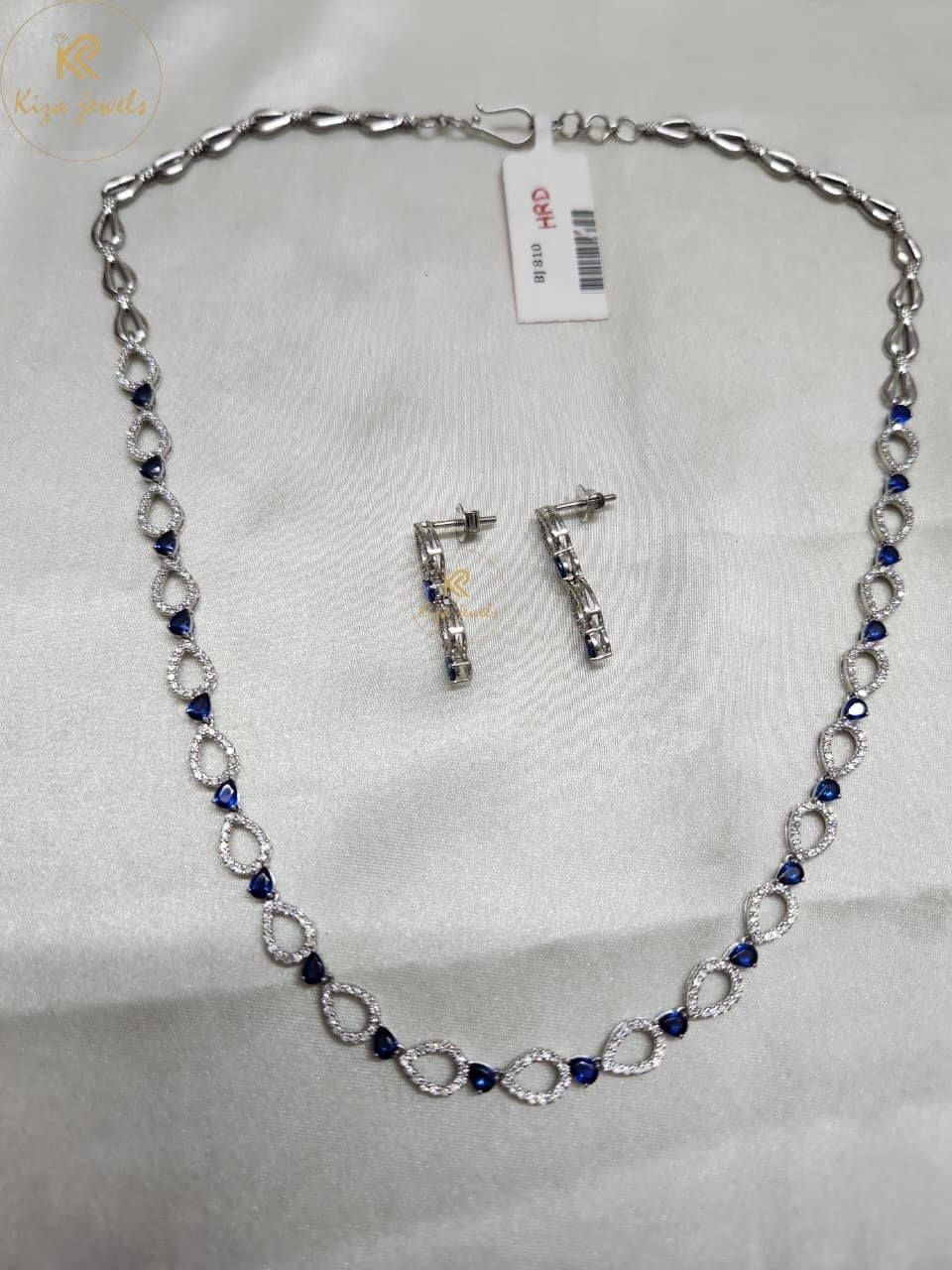 3.059 TDW Blue Pear Gemstone & Round Diamond Charm Necklace Set